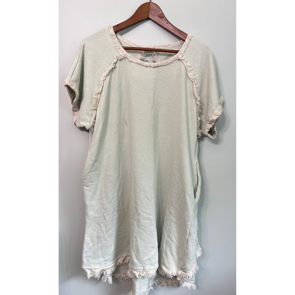 Umgee Sage Green Fringed French Terry Knit Dress M Boho Cutout Back